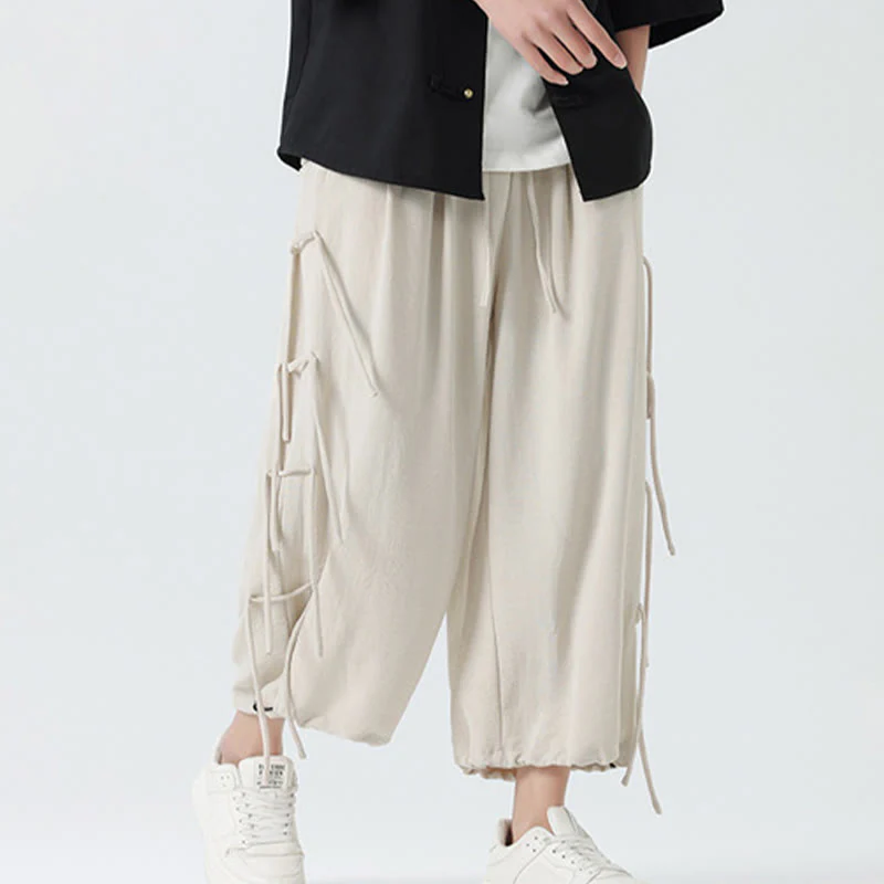 Buddha Stones Casual Loose Lanyard Design Waist Rope Men's 7-8 Length Spandex Pants With Pockets