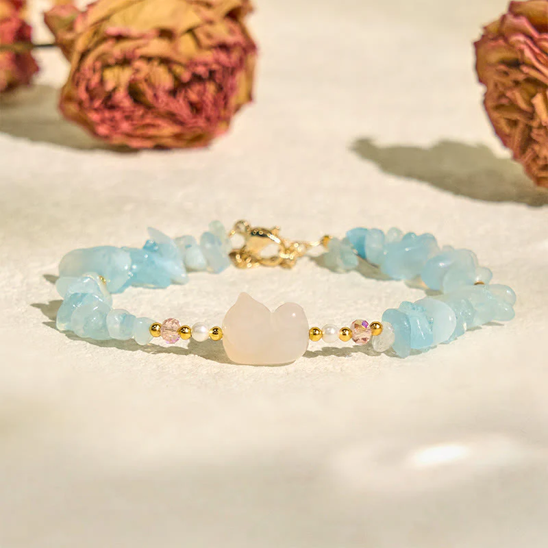 Buddha Stones Natural Irregular Aquamarine Cute Cat Healing Bracelet