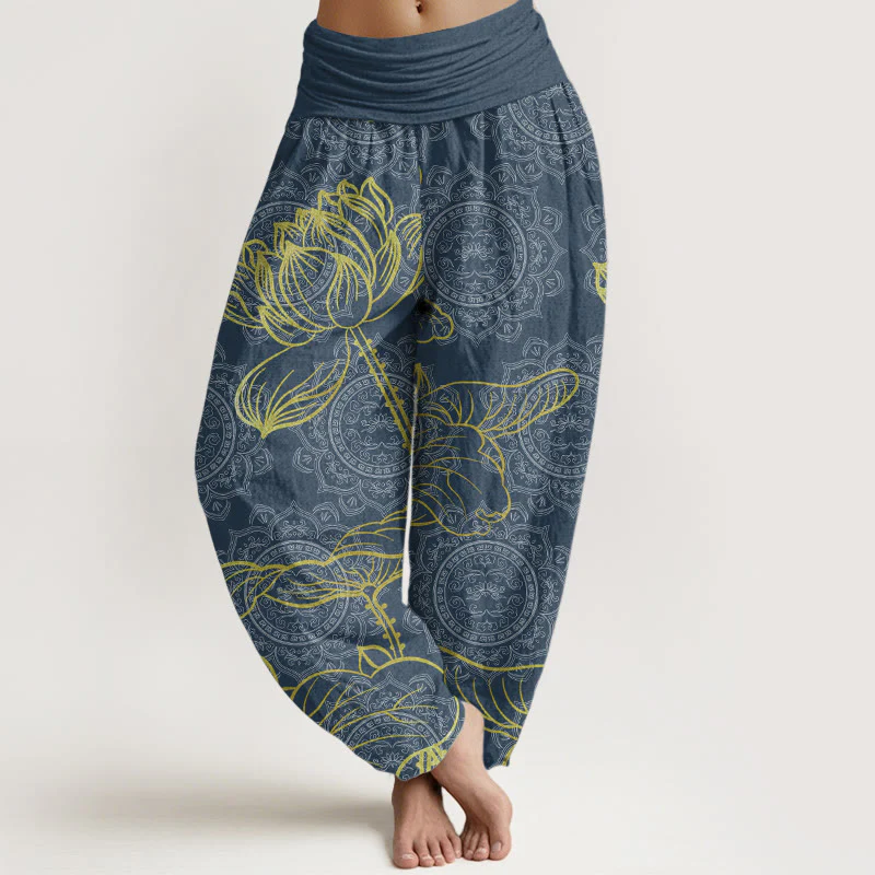 Buddha Stones Pure Cotton Golden Lotus Mandala Pattern Women's Elastic Waist Harem Pants