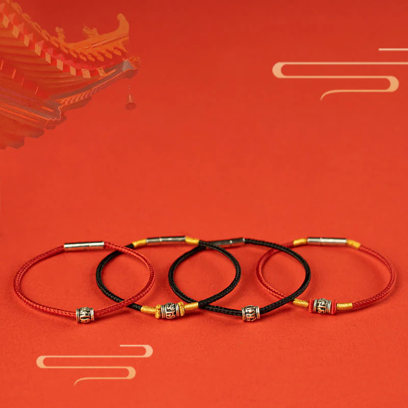 Buddha Stones Red String Black String Six True Words 925 Sterling Silver Peace Bracelet