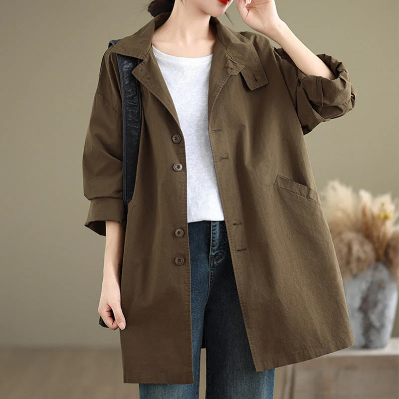 Buddha Stones Spring Plain Buttons Design Long Sleeve Women's Cotton Linen Jacket With Pockets