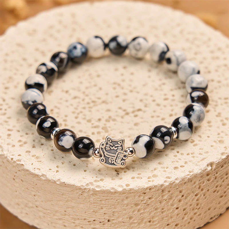 Buddha Stones 925 Sterling Silver Black and White Cat Fire Agate Bead Love Bracelet