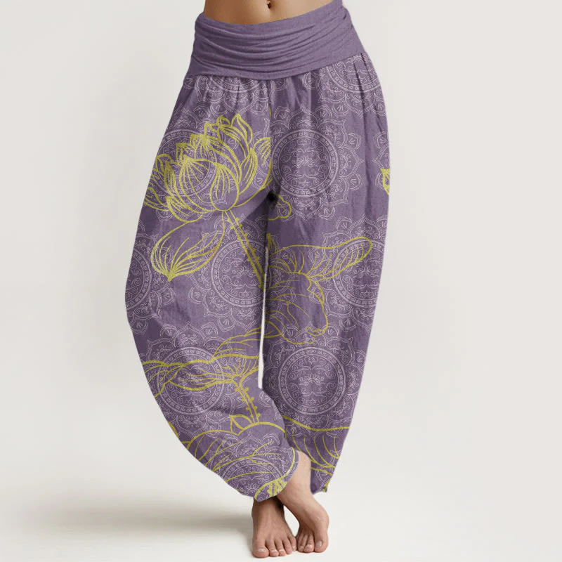 Buddha Stones Pure Cotton Golden Lotus Mandala Pattern Women's Elastic Waist Harem Pants