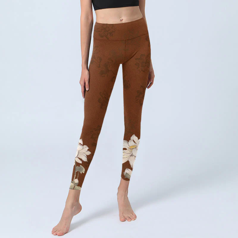 Buddha Stones Brown White Lotus Flower Print Gym Leggings Women's Yoga Pants