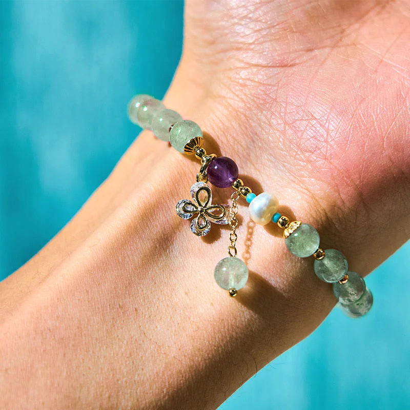 Buddha Stones Natural Strawberry Quartz Green Strawberry Quartz Butterfly Charm Love Bracelet