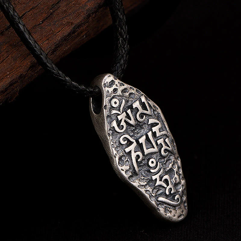 Buddha Stones Tibetan 925 Sterling Silver Om Mani Padme Hum Dorje Vajra Engraved Strength Necklace Pendant