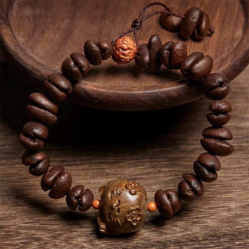 Buddha Stones Handmade Lucky Cat Real Coffee Beans Sandalwood Bracelet
