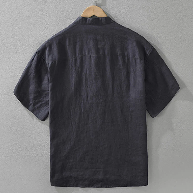 Buddha Stones Summer Half Buttons Design Lapel Men's Short Sleeve Linen Shirt With Pocket