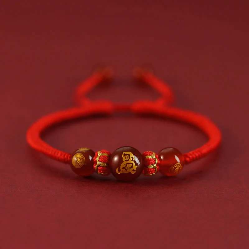 Buddha Stones Handmade Red Agate Chinese Zodiac Red String Braided Protection Bracelet