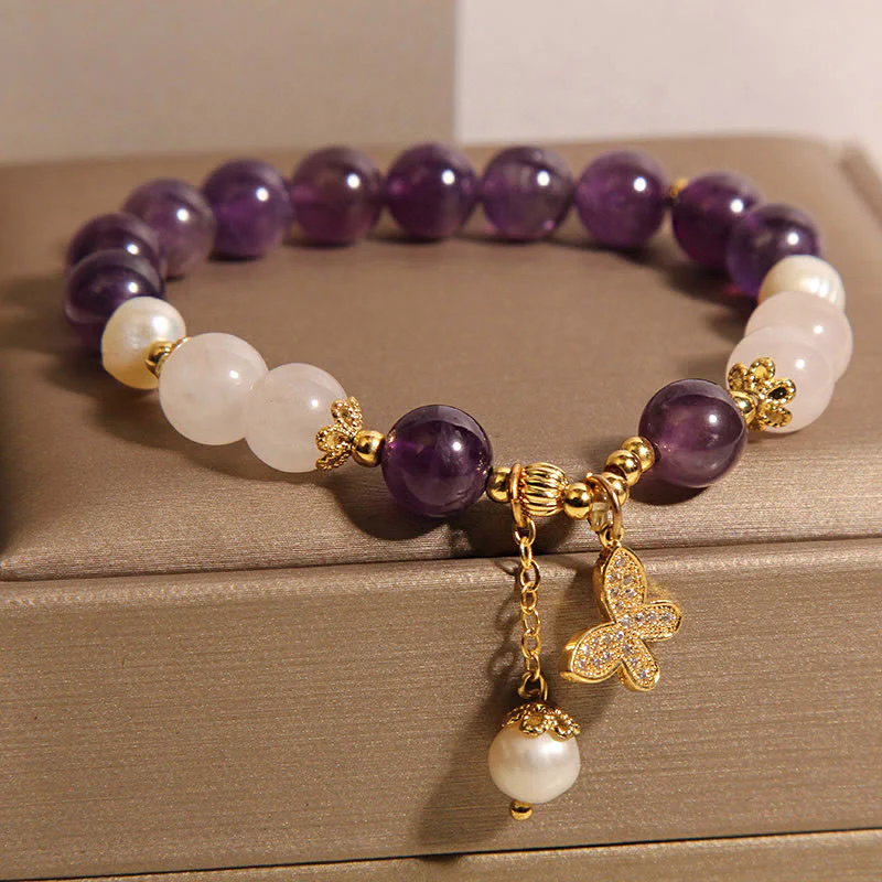 Buddha Stones Natural Amethyst Pearl Crystal Spiritual Healing Butterfly Charm Bracelet