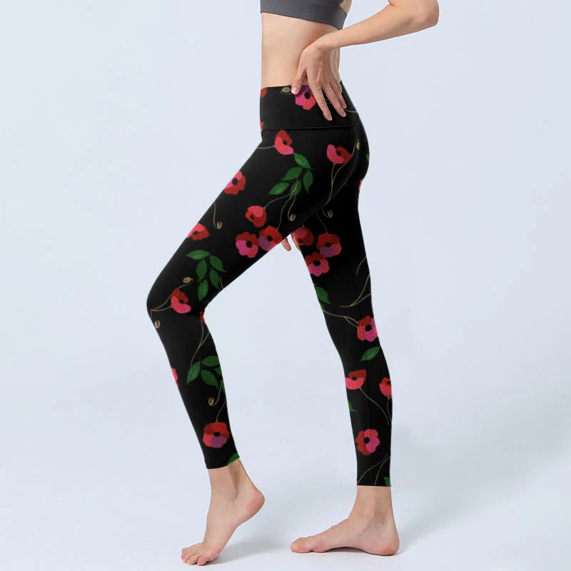 Buddha Stones Vibrant Red Flowers Green Leaves Print Gym Leggings Women's Yoga Pants