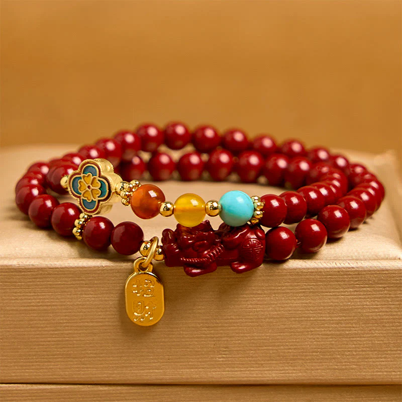 Buddha Stones Cinnabar PiXiu Fu Character Blessing Double Wrap Bracelet