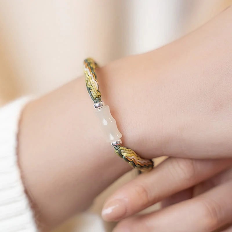 Buddha Stones White Jade Bamboo Reincarnation Knot Wealth Luck Strength String Bracelet