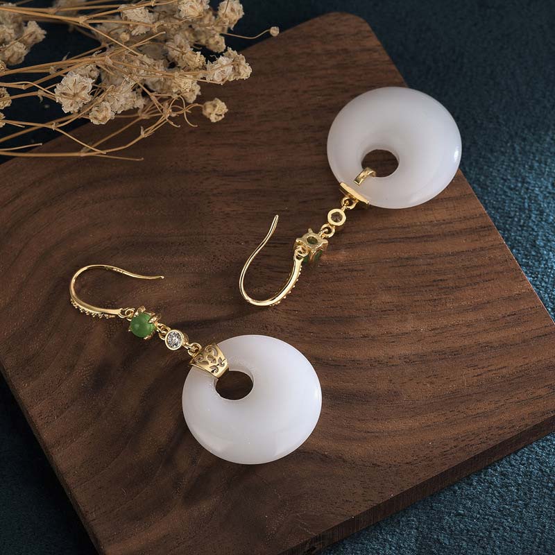 Buddha Stones FengShui White Jade Blessing Drop Earrings