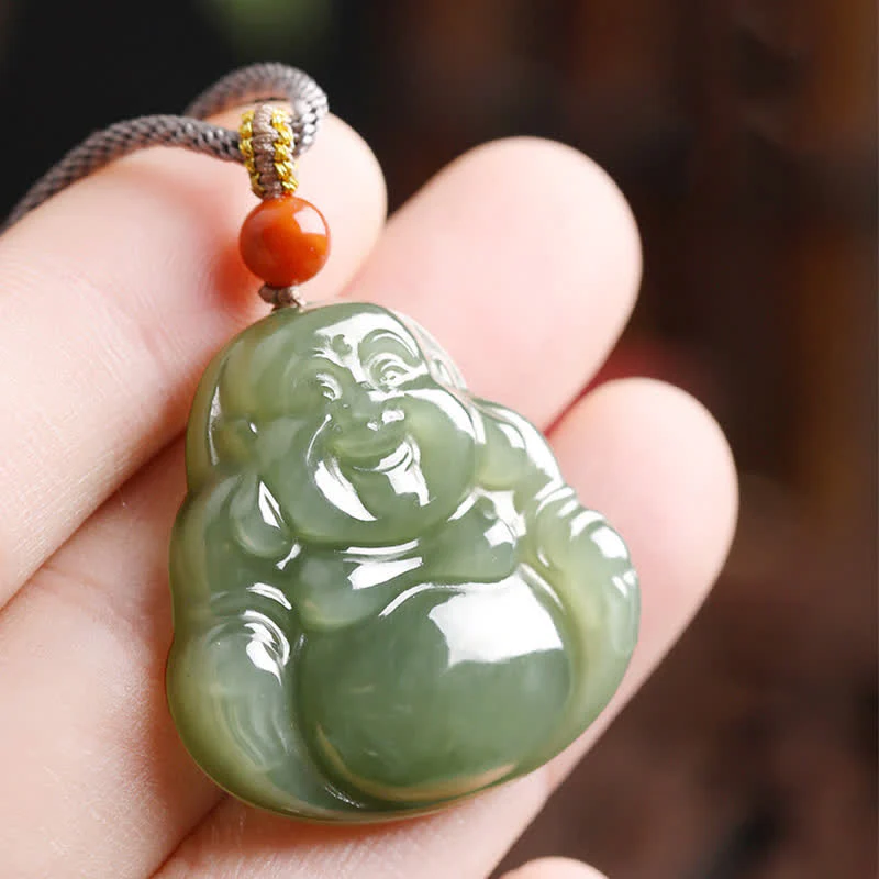 Buddha Stones Laughing Buddha Hetian Jade Abundance Necklace String Pendant