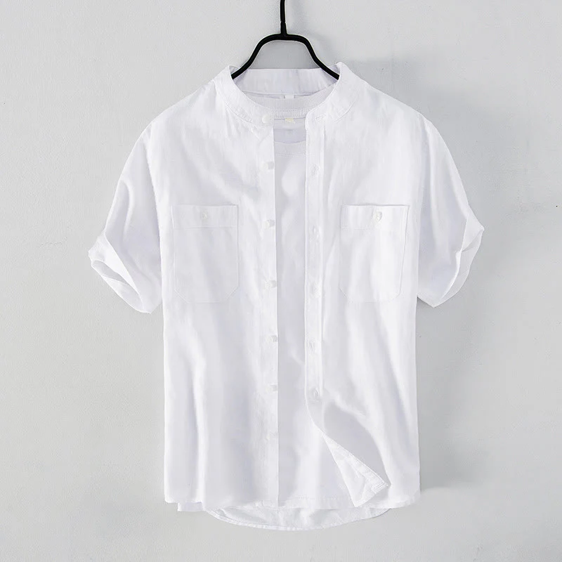 Buddha Stones Casual Daily Simple Buttons Design Stand Collar Men's Short Sleeve Cotton Linen Shirt With Front Pockets