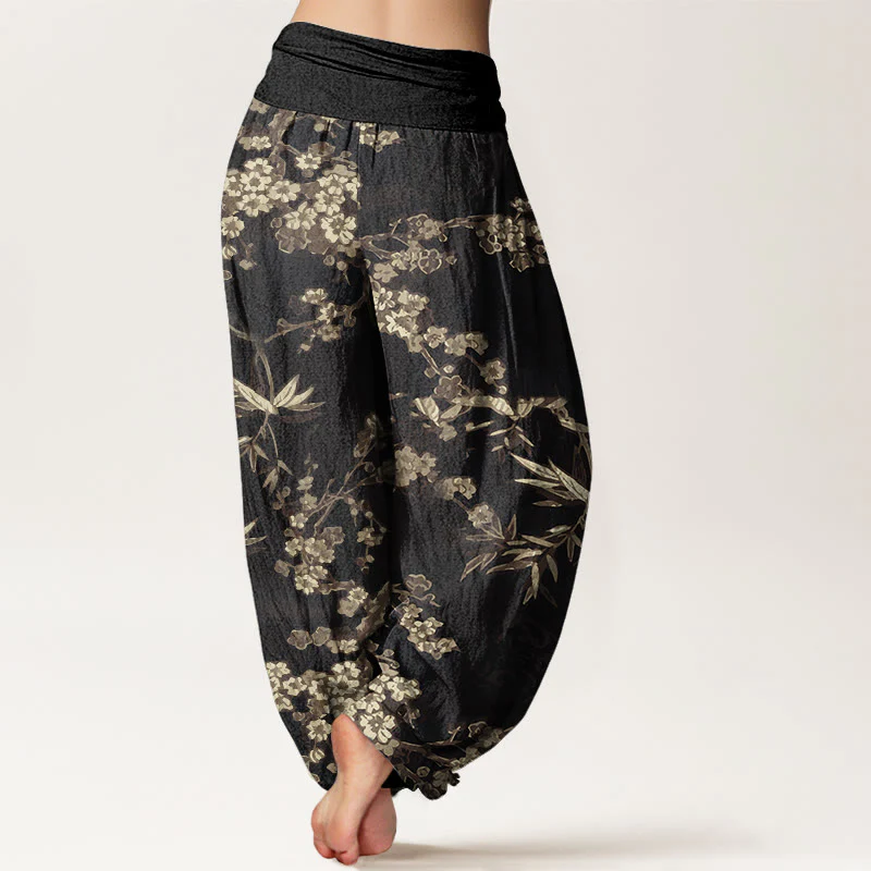 Buddha Stones White Sakura Flower Pattern Women's Elastic Waist Harem Pants