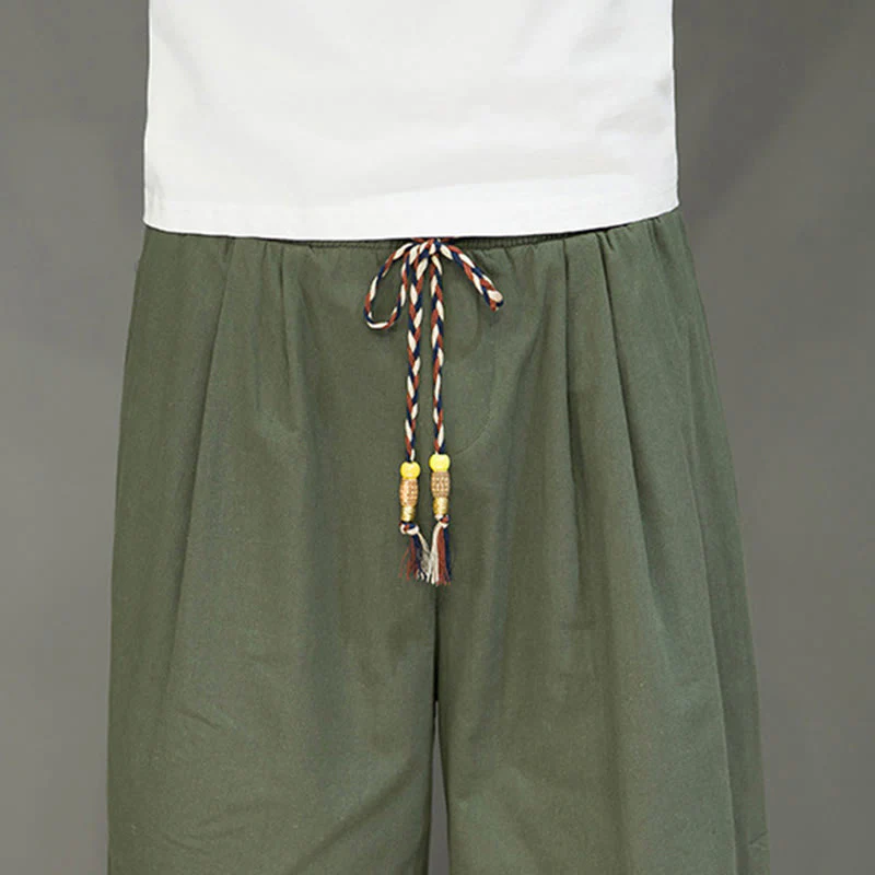 Buddha Stones Casual Plain Side Button Design Drawstring Men's Cotton Cropped Pants With Pockets