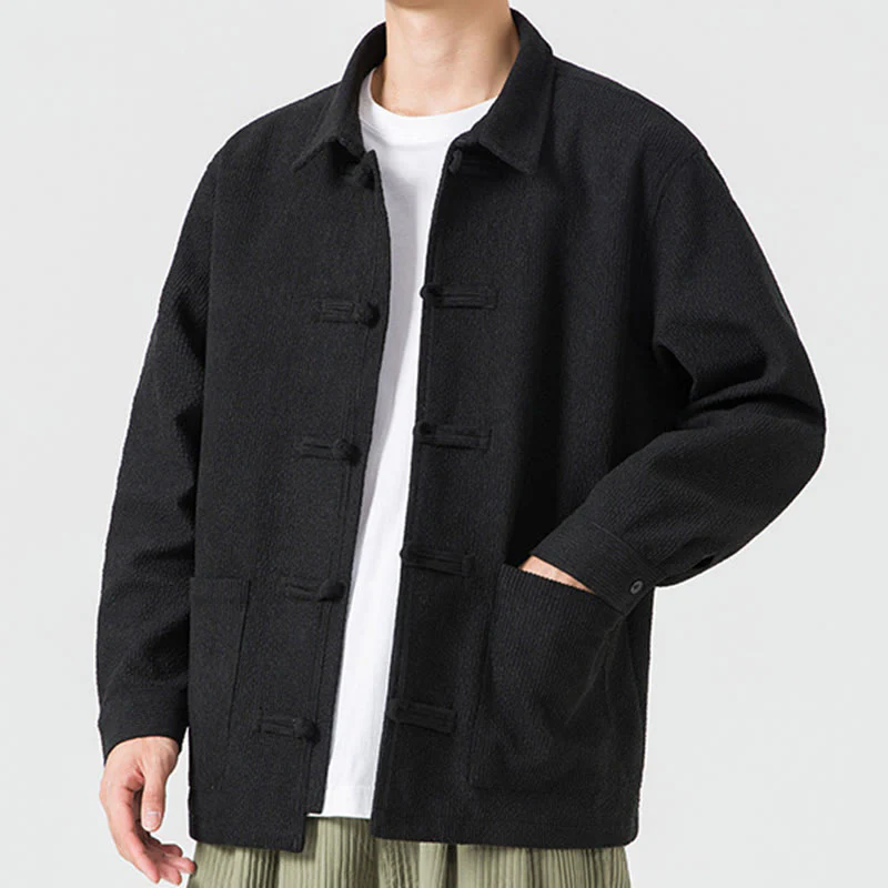 Buddha Stones Long Sleeve Frog-button Design Men's Polyester Jacket Shirt With Pockets