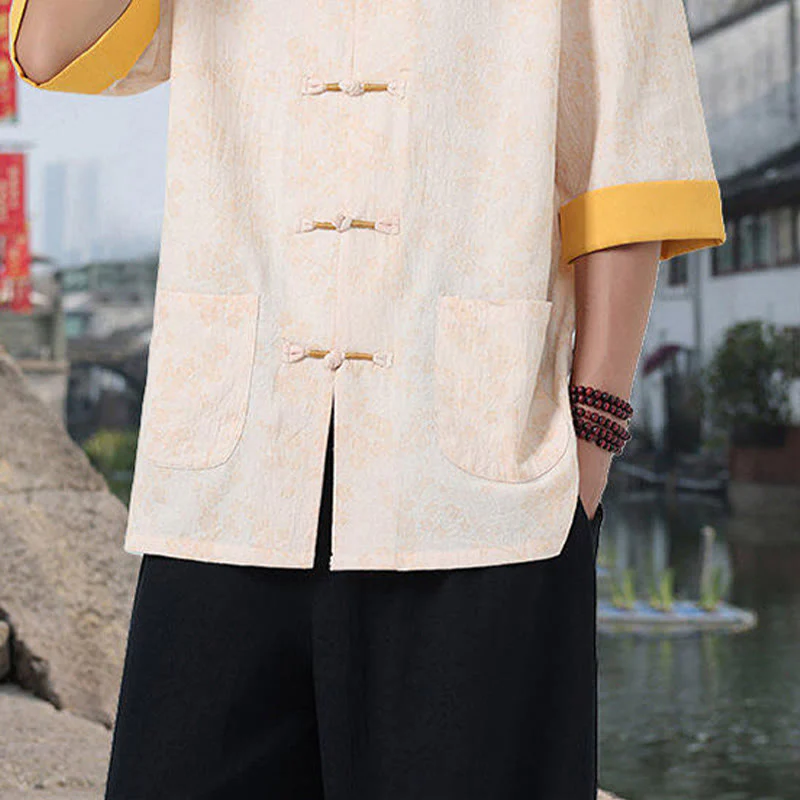 Buddha Stones Retro Printing Flower Pattern Frog-Button Design Stand Collar Men's Half Sleeve Cotton Shirt With Pockets