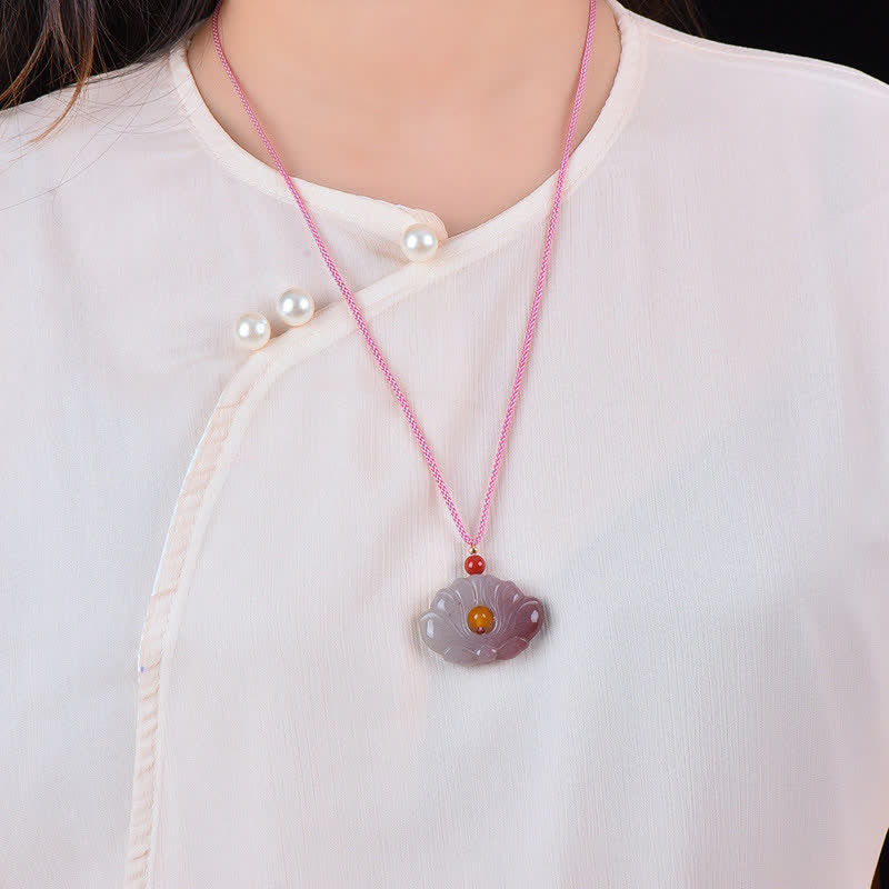 Buddha StonesPink Golden Silk Jade Lotus Flower Wealth Necklace Pendant