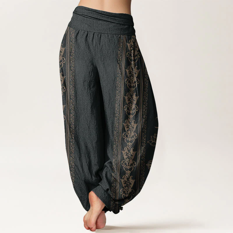 Buddha Stones Lotus Flowers Double Dorje Vajra Namaste Om Design Women's Elastic Waist Harem Pants