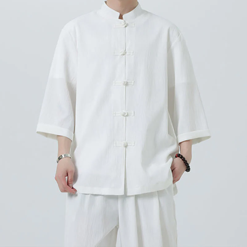 Buddha Stones 2Pcs Solid Frog-Button Three Quarter Sleeve Shirt Pants Men's Set