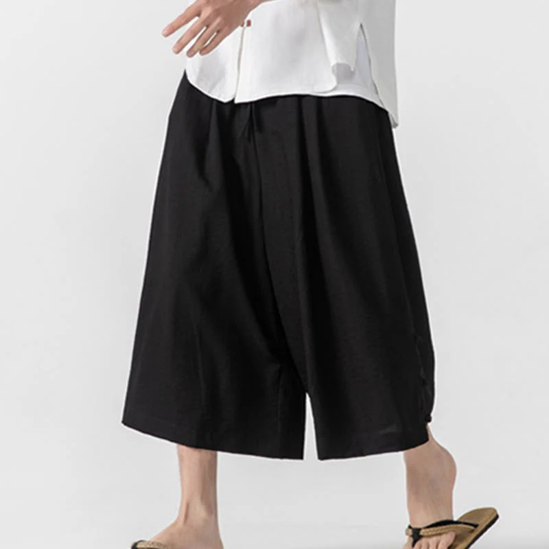 Buddha Stones Casual Loose Frog-Button Plain Men's Cotton 7-8 Length Wide Leg Pants With Pockets