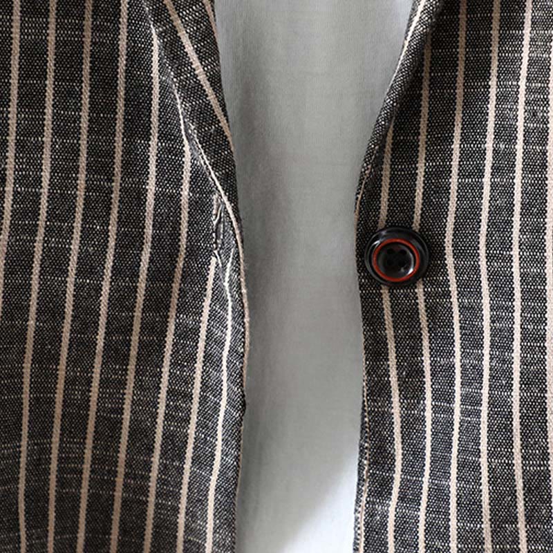 Buddha Stones Splicing Stripes Women's Cotton Linen Jacket With Pockets