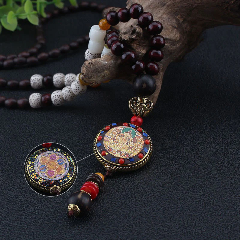 Buddha Stones Tibetan Handmade Wood Beads Om Mani Padme Hum Samantabhadra Bodhisattva Purity Necklace Pendant