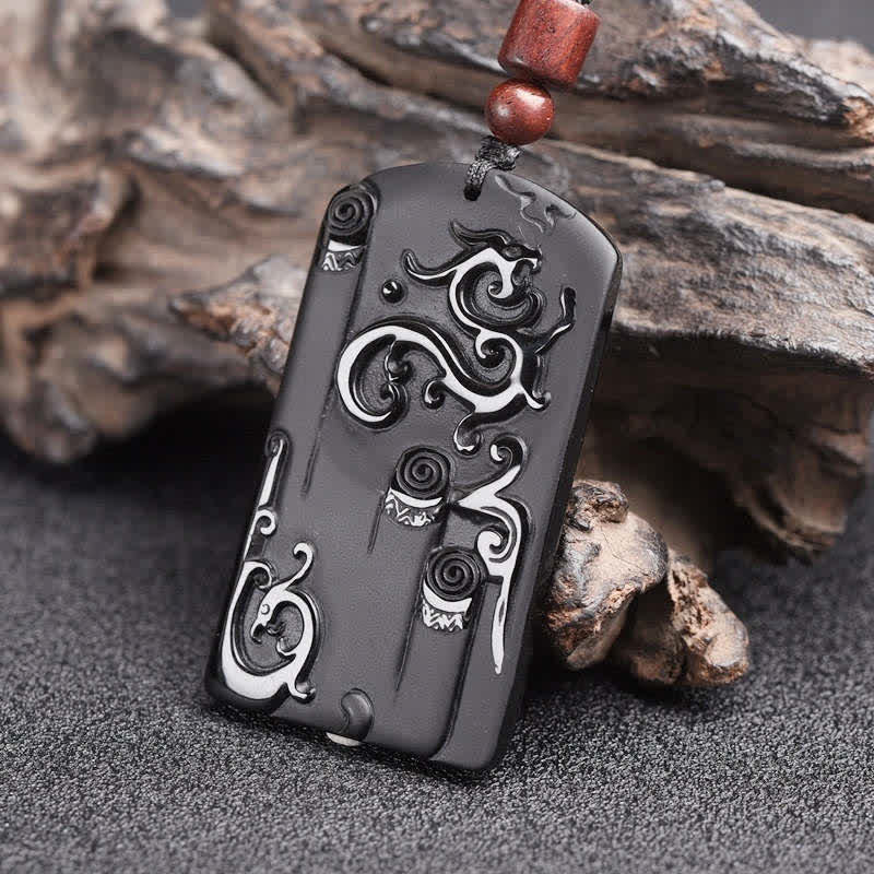 Buddha Stones Black Obsidian Dragon Phoenix Success Necklace Pendant