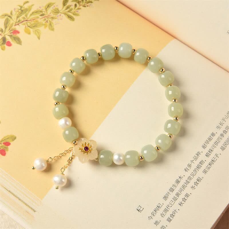 Buddha Stones Hetian Jade Flower Pearl Happiness Abundance Bracelet