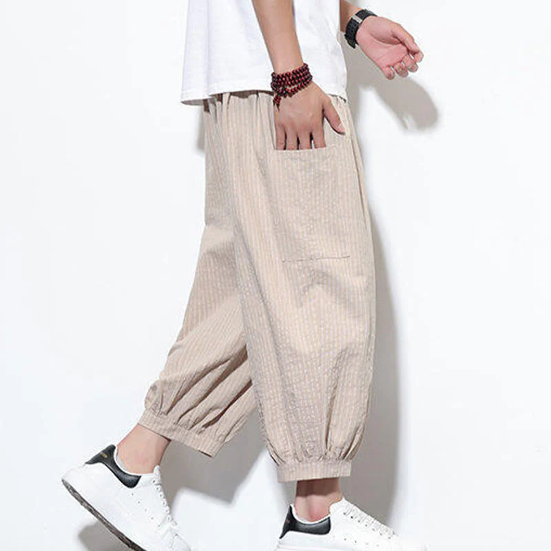 Buddha Stones Casual Striped Men's Cotton 7-8 Length Harem Pants With Pockets