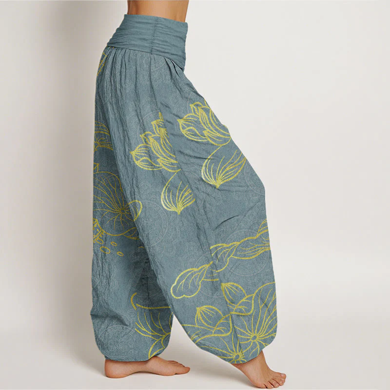 Buddha Stones Pure Cotton Golden Lotus Mandala Pattern Women's Elastic Waist Harem Pants