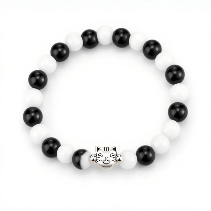 Buddha Stones Cute Cat Natural Black Obsidian White Chalcedony Practicality Bead Bracelet