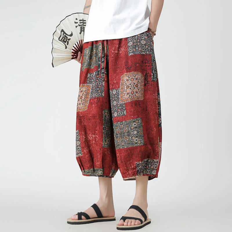 Buddha Stones Summer Square Patchwork Elephant Mandala Geometry Cotton Linen Men's 7-8 Length Pants With Pockets