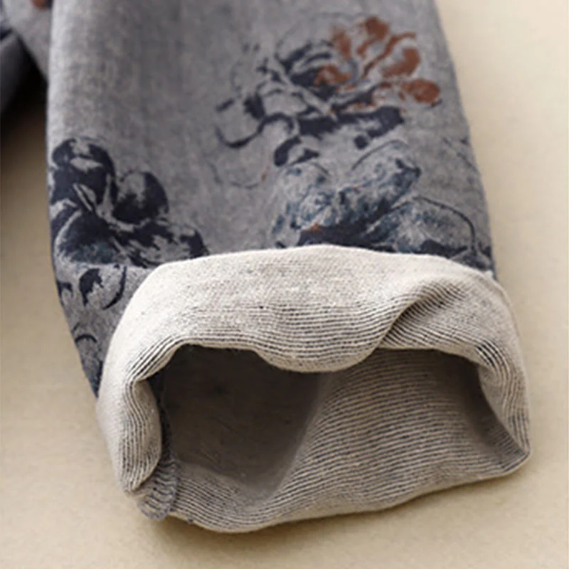 Buddha Stones Casual Small Floral Pattern Crew Neck Cotton Linen Midi Dress With Pockets