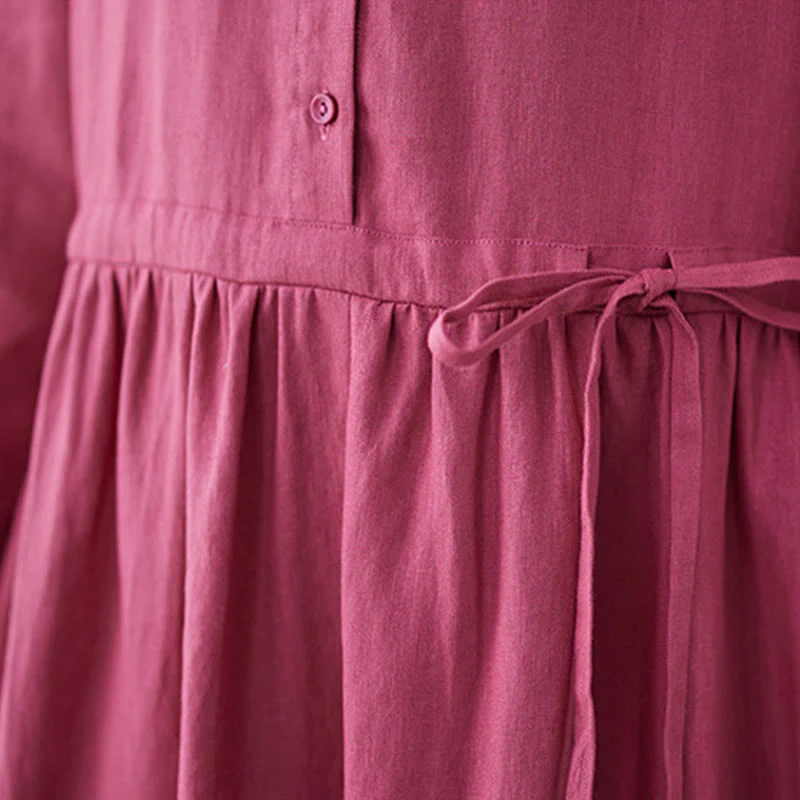 Buddha Stones Casual Plain Crew Neck Lace-up Cotton Linen Midi Dress With Pockets