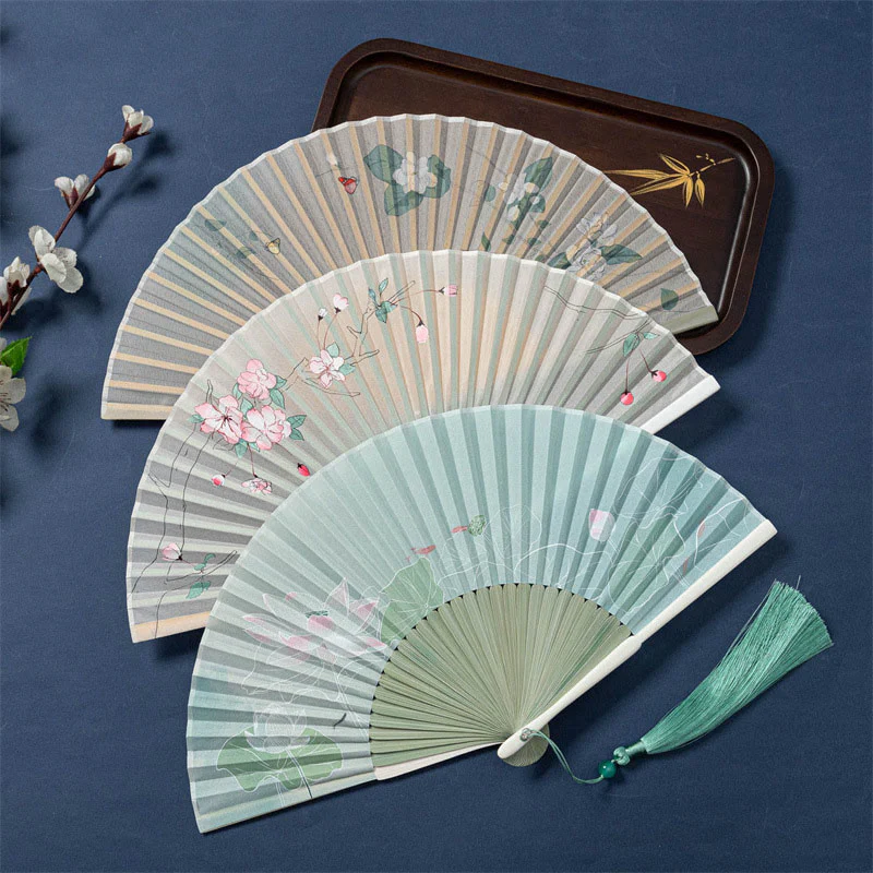 Buddha Stones Lotus Begonia Flower Jasmine Handheld Bamboo Folding Fan 21cm