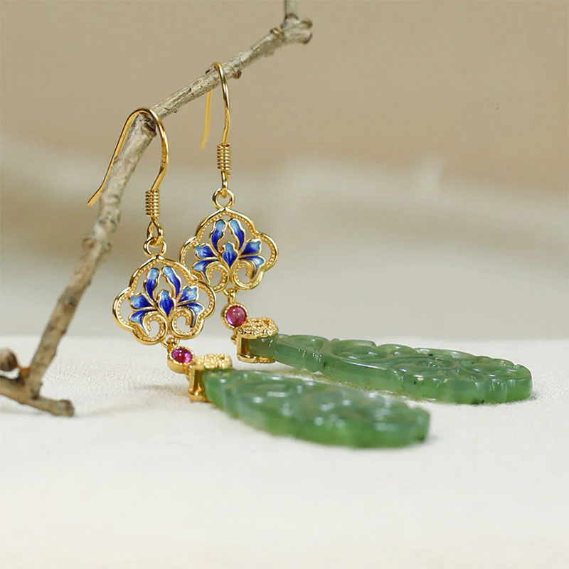 Buddha Stones Hollow Hetian Jade Enamel 925 Sterling Silver Prosperity Earrings