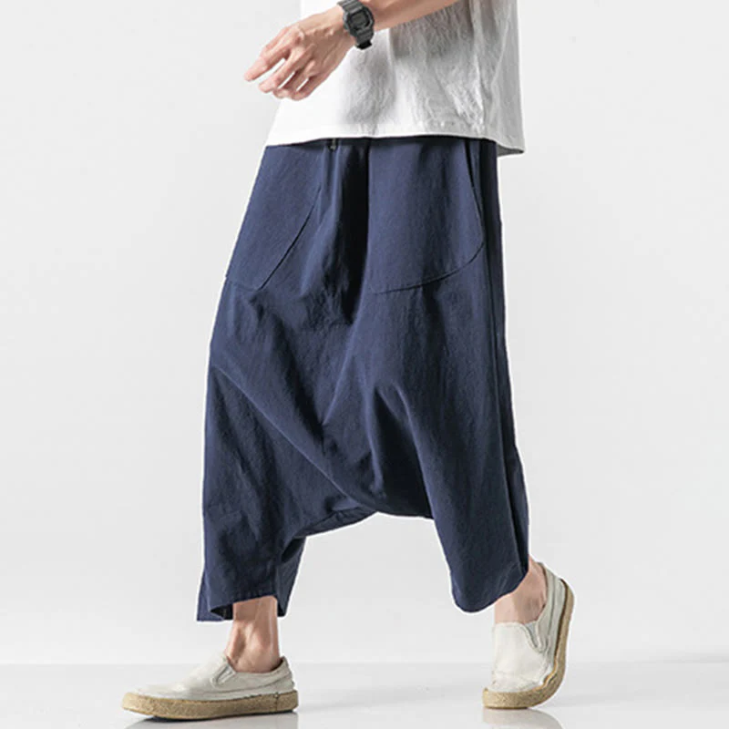 Buddha Stones Casual Low Crotch Design Drawstring Men's 7-8 Length Cotton Linen Wide Leg Pants With Pockets