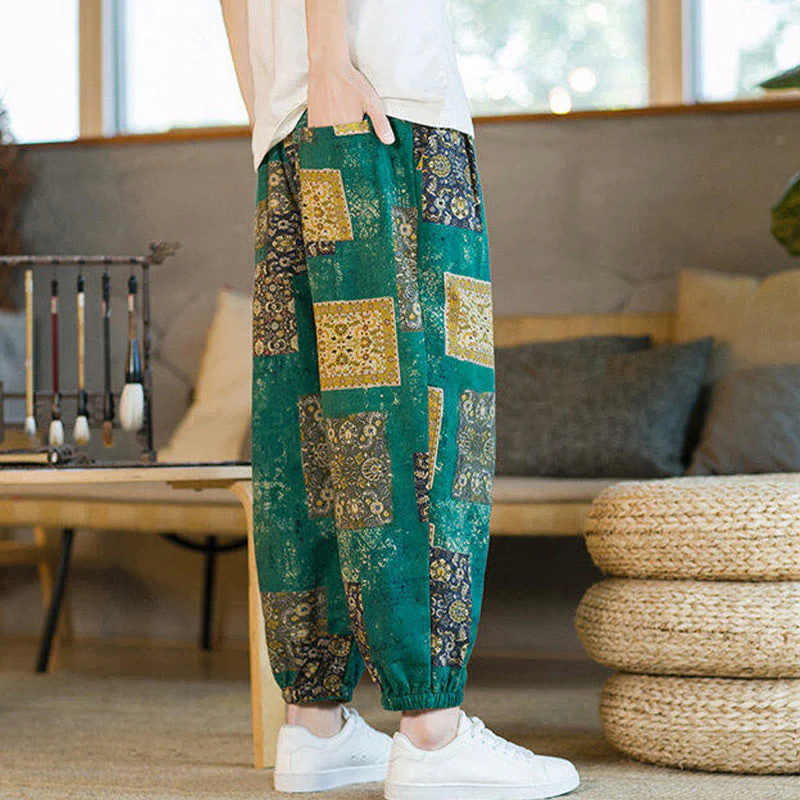 Buddha Stones Summer Square Patchwork Cotton Linen Men's Ankle-Length Harem Pants With Pockets