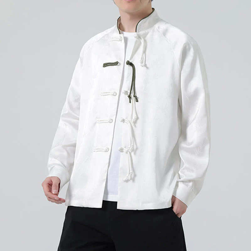 Buddha Stones Spring Jacquard Bamboo Leaves Pattern Chinese Frog-Button Design Men's Long Sleeve Shirt