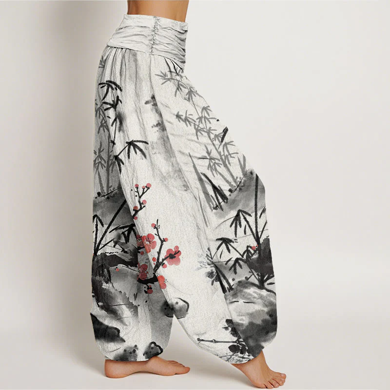 Buddha Stones Plum Blossoms Bamboo Orchids Chrysanthemums Pattern Women's Elastic Waist Harem Pants