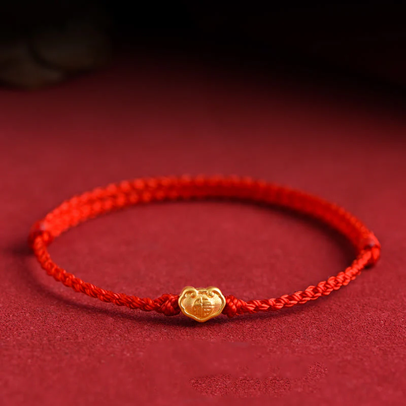 Buddha Stones 999 Gold Chinese Lock Charm Fu Character Protection Handmade Rope Bracelet