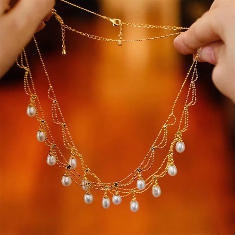 Buddha Stones Vintage 14K Gold Plated Pearl Bead Healing Multilayer Necklace Pendant