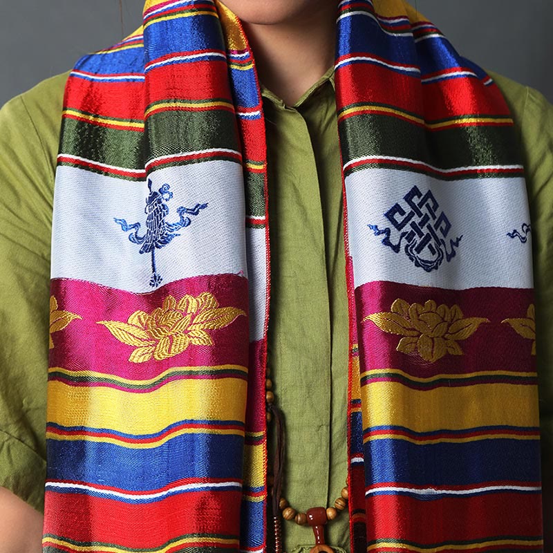 Buddha Stones Tibetan Lucky Blessing Multicolored Lotus Mantra Jacquard Khata Decoration