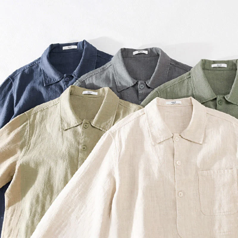 Buddha Stones Commute Men's Plain Buttons Design Cotton Linen Long Sleeve Shirt With Pockets