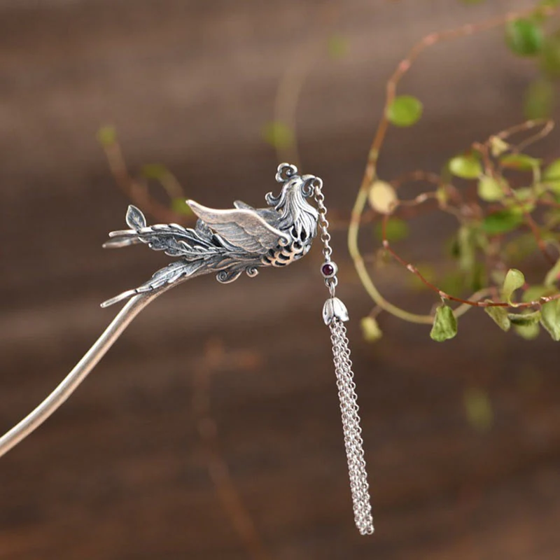 Buddha Stones 925 Sterling Silver Phoenix Tassels Protection Hairpin