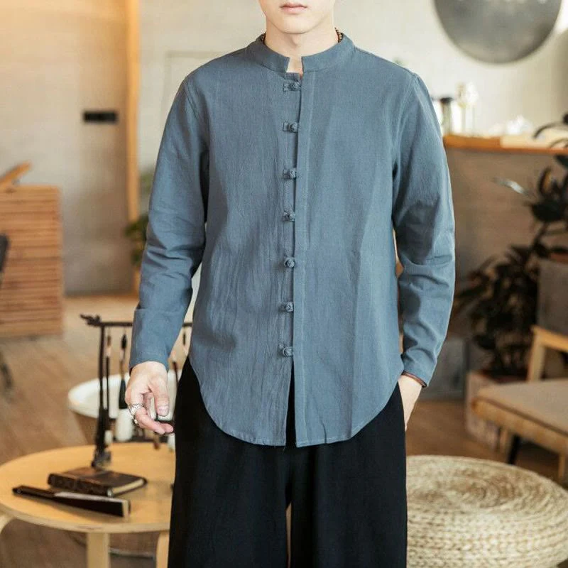 Buddha Stones Casual Stand Collar Frog-Button Long Sleeve Tang Suit Linen Men's Shirt